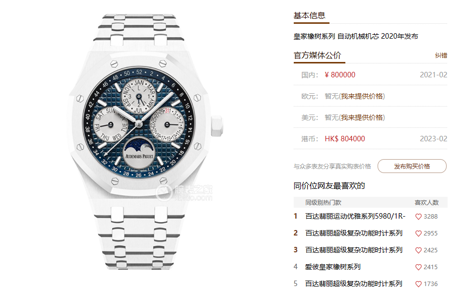 Audemars Piguet Royal Oak Offshore Series 26579CB.OO.1225CB.01, White Ceramic Blue Dial Full Ceramic Case Complete, Date Day Month Moon Phase Functions, 41mm size.