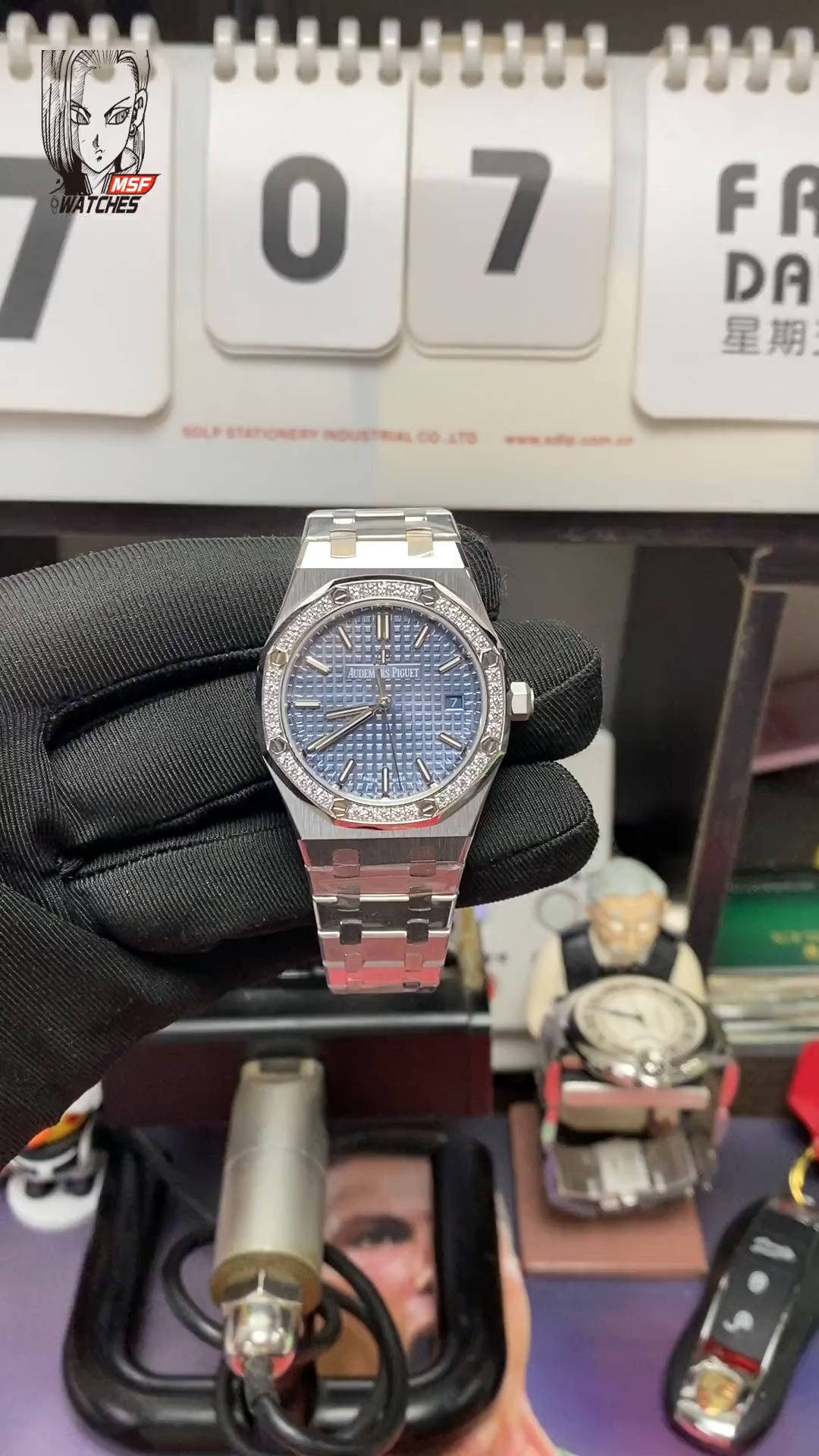 Audemars Piguet Royal Oak Series 15400ST, ICE Blue Dial, diamond brezel, 41mm size.