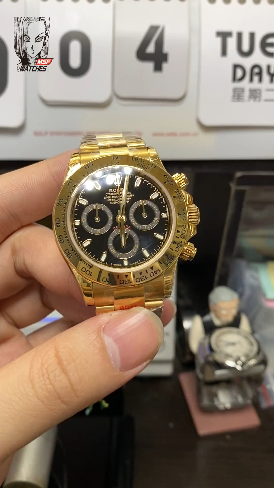 Rolex Cosmograph Daytona Series m116508-0004, Full Gold Case Black Dial Arabic Numerals, 40mm size.