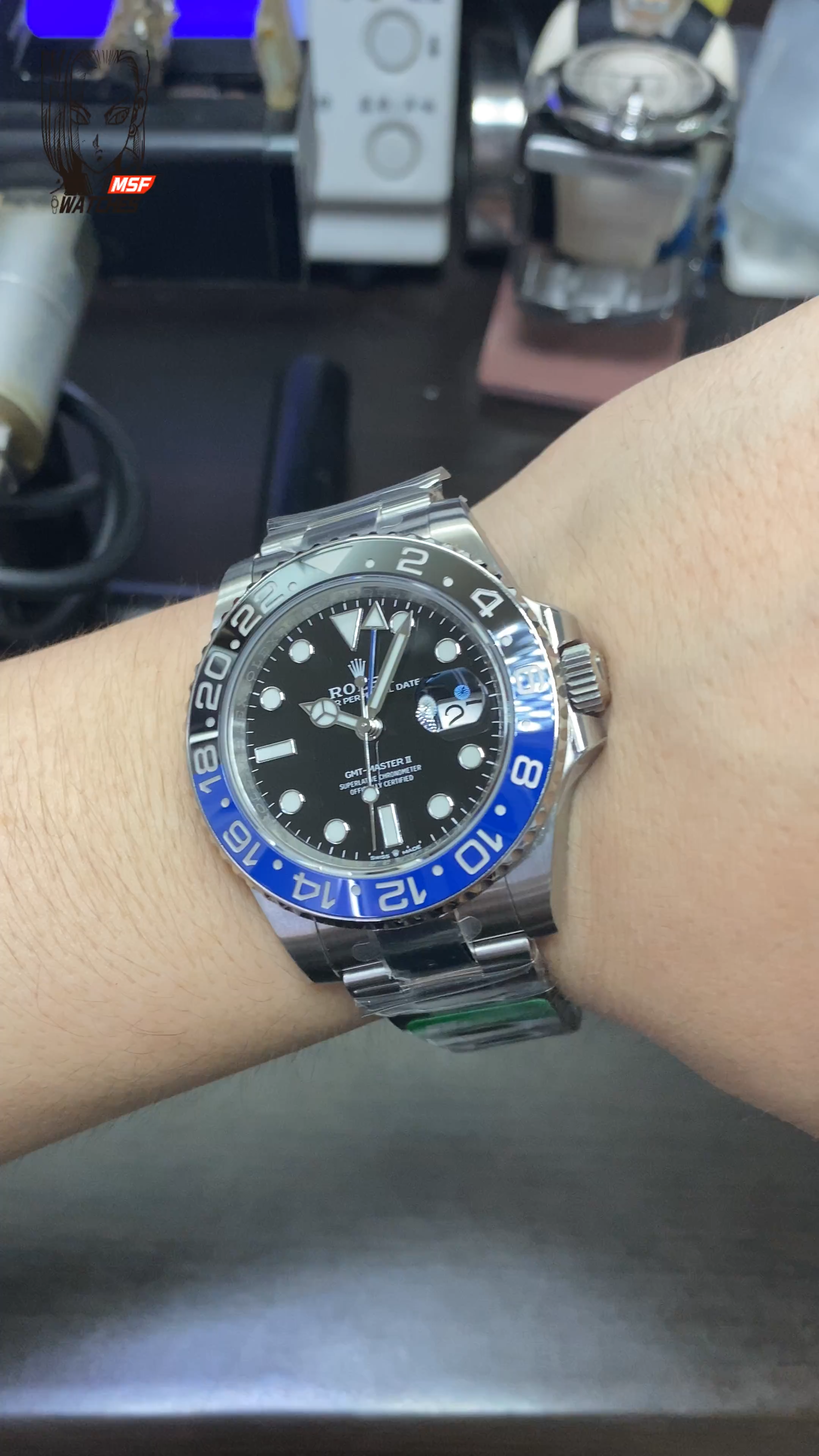 Rolex GMT-Master II series m126710blnr-0002, Steel Bracelet Black and Blue Ceramic Bezel Black Dial Blue Hands, 40mm size.
