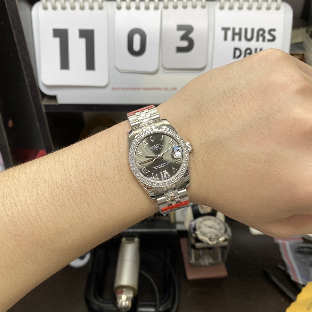 Rolex Datejust Series m278384rbr-0032, Grey Dial with Diamond Bezel and Roman Numerals, 31mm size, Jubilee stainless steel bracelet.