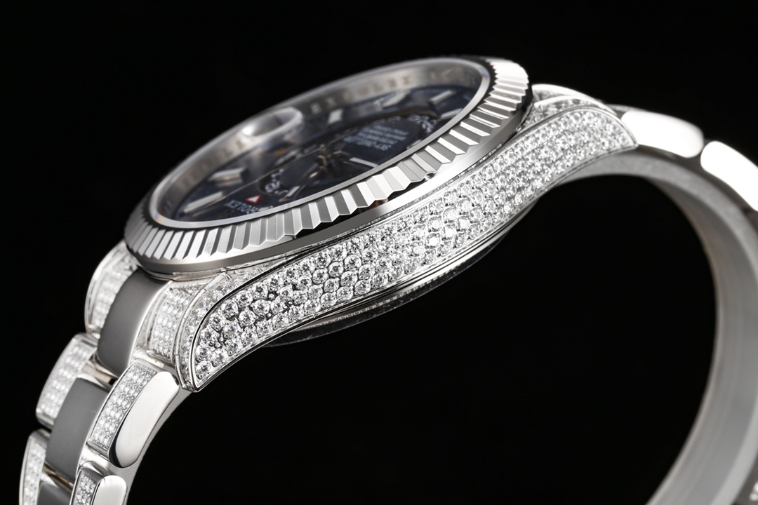 Rolex SKY-DWELLER series Black/BLUE Dial, FULL diamond case,  ,Month Date and GMT Dual Time Zone Functions, 42mm Size.