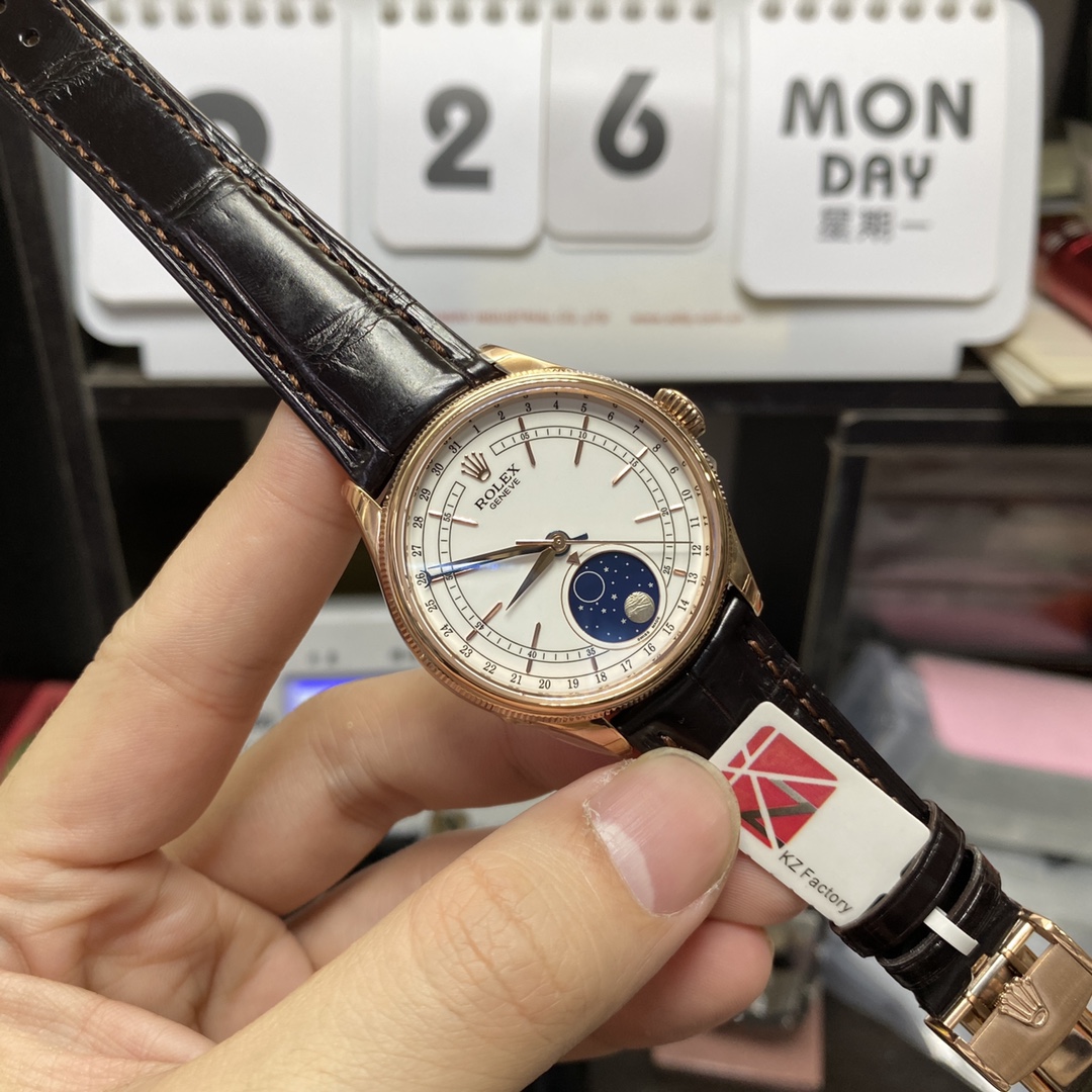 Rolex Cellini Series m50535-0002, Moonphase Watch with a White Dial Rose Gold Case Meteorite Moonphase, 39mm Size.