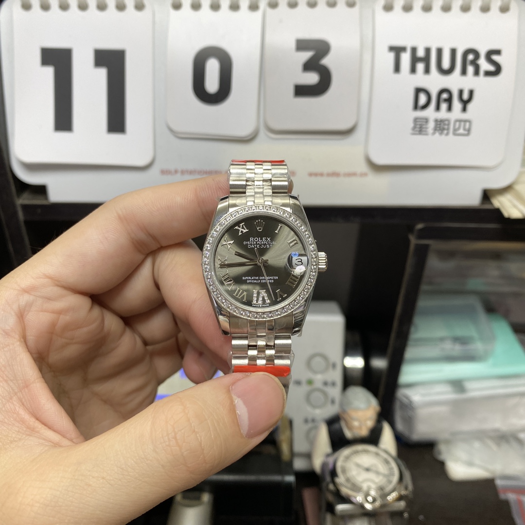 Rolex Datejust Series m278384rbr-0032, Grey Dial with Diamond Bezel and Roman Numerals, 31mm size, Jubilee stainless steel bracelet.