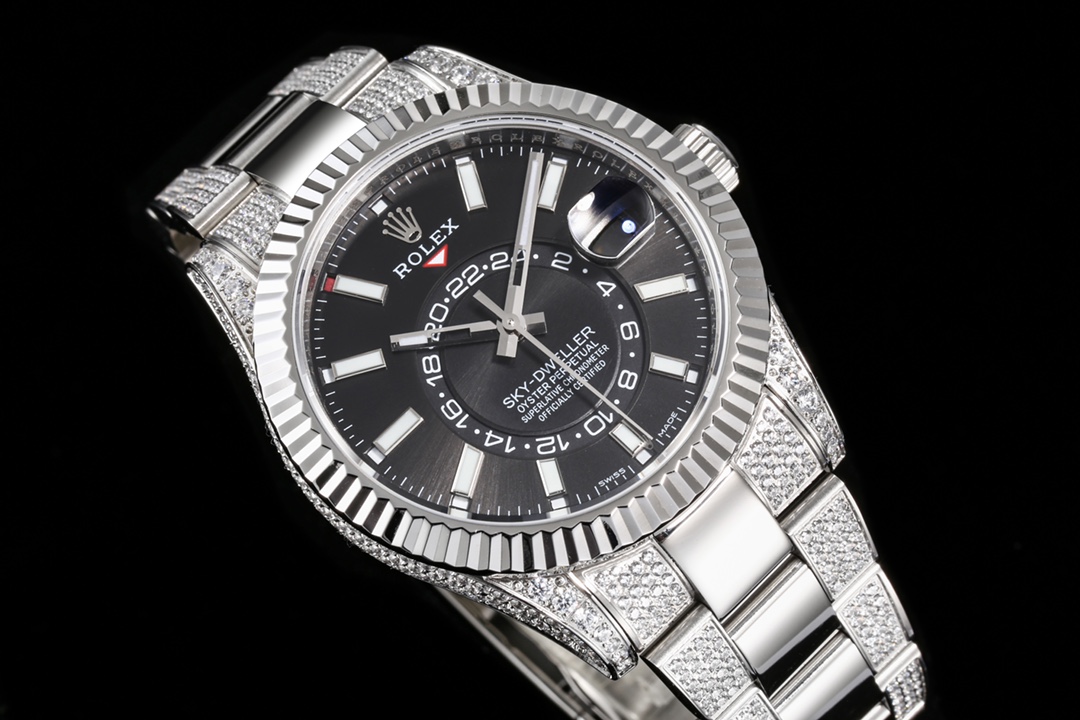 Rolex SKY-DWELLER series Black/BLUE Dial, FULL diamond case,  ,Month Date and GMT Dual Time Zone Functions, 42mm Size.