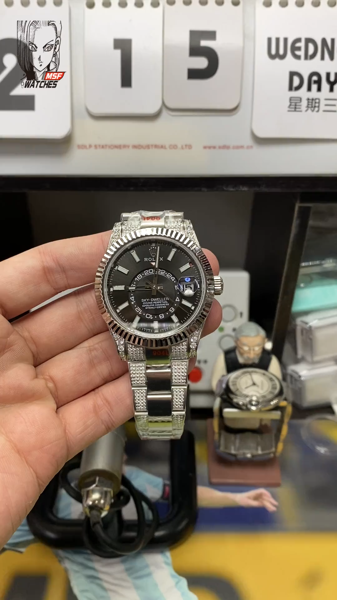 Rolex SKY-DWELLER series Black/BLUE Dial, FULL diamond case,  ,Month Date and GMT Dual Time Zone Functions, 42mm Size.