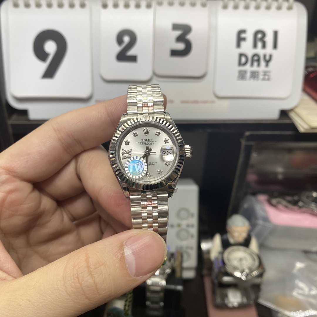 Rolex Datejust Series m279174-0021, Sunburst Silver Dial with Star-Shaped Diamond Hour Markers, 28mm Size, Five-Link Steel Bracelet.