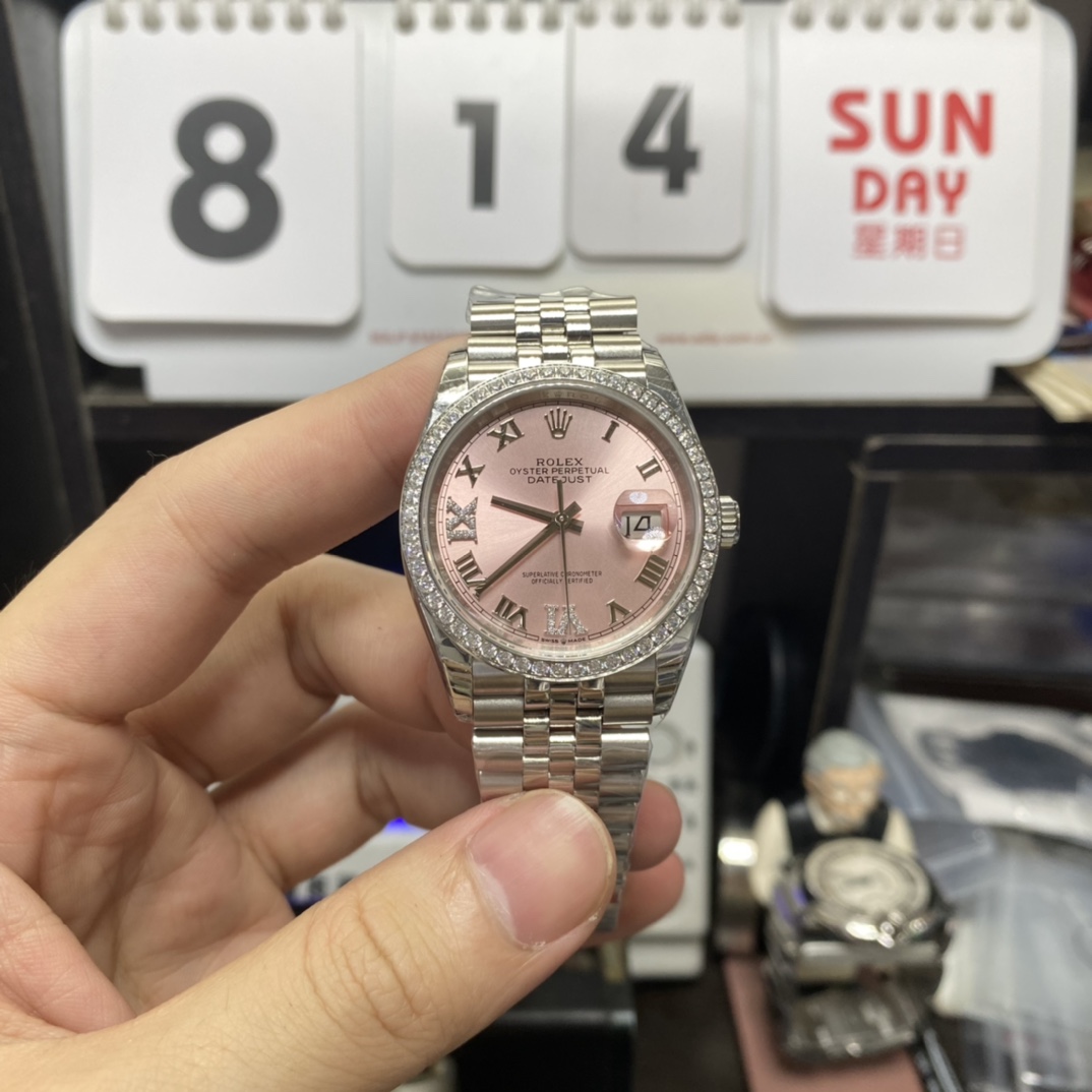 Rolex Datejust Series m126234-0031, Pink Dial Roman Numeral Markers Diamond Bezel, 36mm Size.