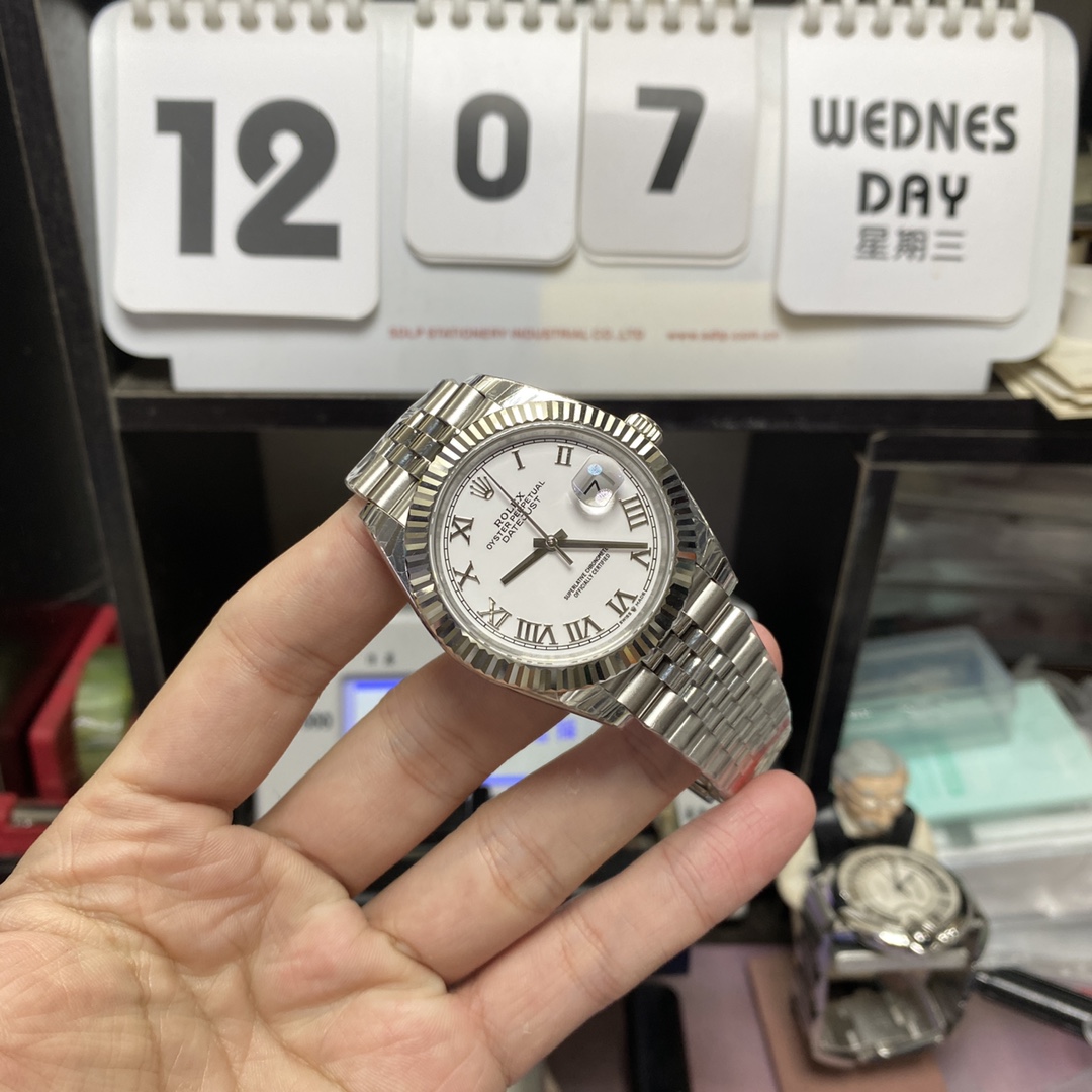 Rolex Datejust Series m126334-0024, White Dial with Roman Numerals and a five-link steel bracelet, 41mm size.