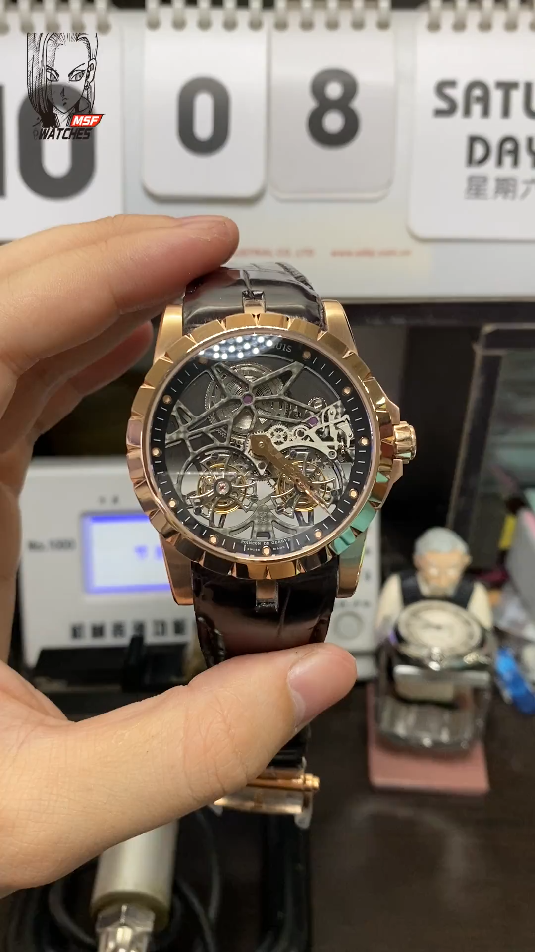 Roger Dubuis Royal Oak Series RDDBEX0395, Rose Gold Case All Hollowed Out with American Alligator Leather Strap, 45mm Size.