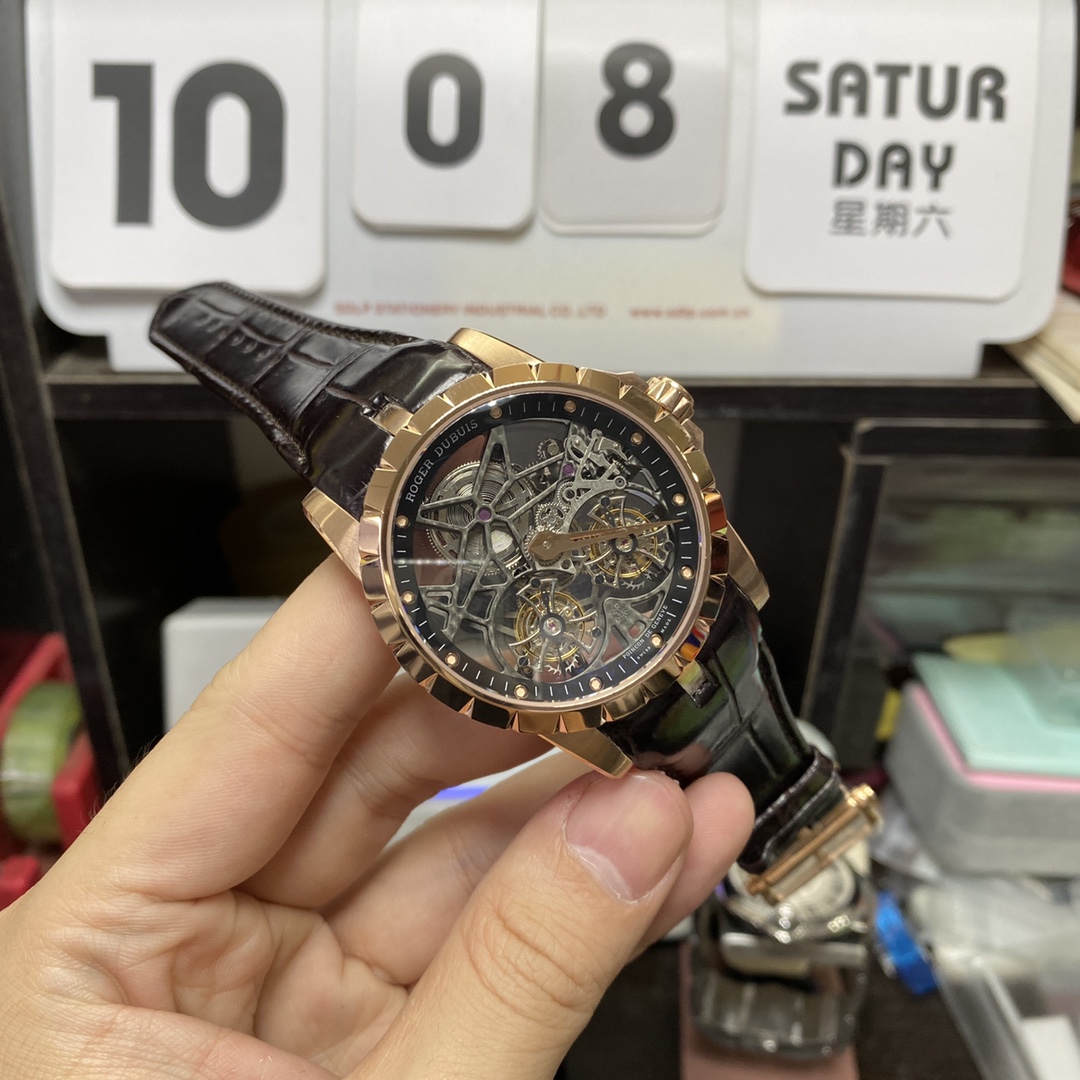 Roger Dubuis Royal Oak Series RDDBEX0395, Rose Gold Case All Hollowed Out with American Alligator Leather Strap, 45mm Size.