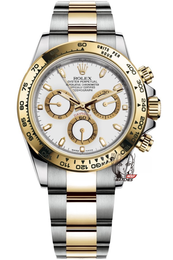 Rolex Cosmograph Daytona Series m116503-0001, two-tone gold case white dial and steel bracelet, 40mm size.