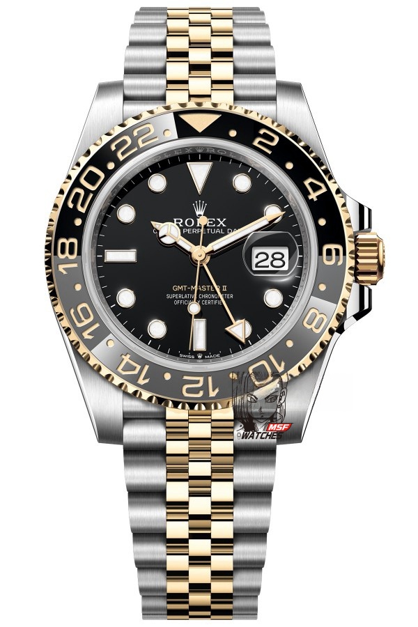 Rolex GMT-Master II series m126713grnr-0001, InterGold Black/Grey Ceramic Bezel InterGold Five-Bead Chain Steel Bracelet, 40mm size.