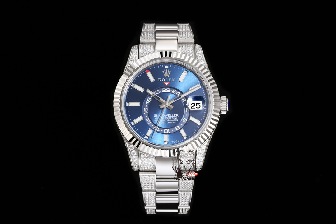 Rolex SKY-DWELLER series Black/BLUE Dial, FULL diamond case,  ,Month Date and GMT Dual Time Zone Functions, 42mm Size.
