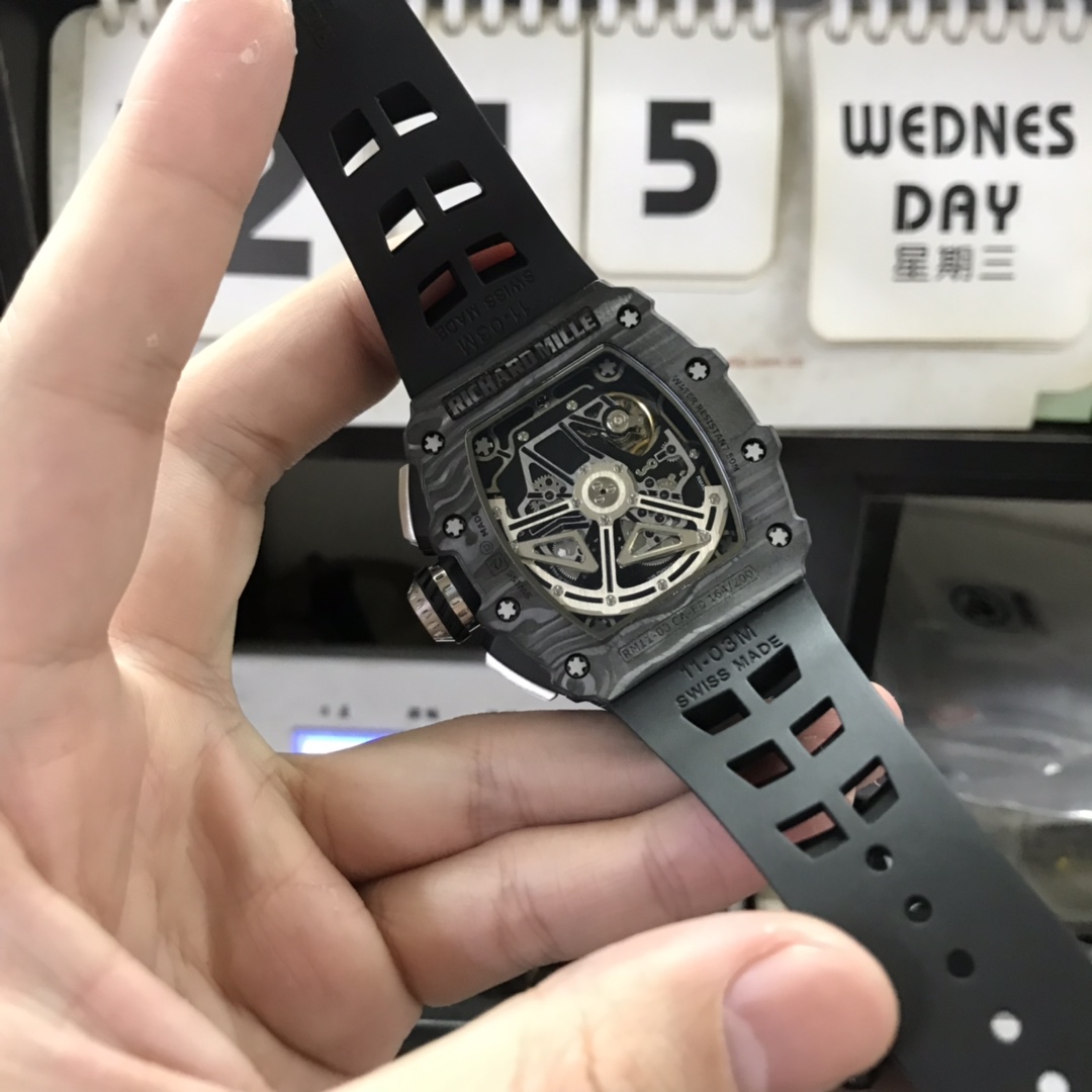 Richard Mille Men's Collection series RM 11-02 SHANGHAI, Black Panda Dial with Carbon Fiber Case, 50×42.70mm size